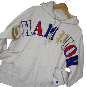 Vintage Y2K Champion Mens Reverse Weave Hoodie Small Gray Old English Embroidery